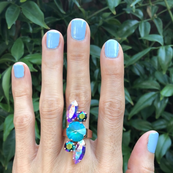 Gorgeous Aquamarine + Aurora Borealis Boho/Tribal Crystal Statement Ring